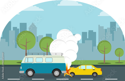 Road accident, collision of two cars against the backdrop of the urban landscape. Vector, cartoon illustration. Vector.