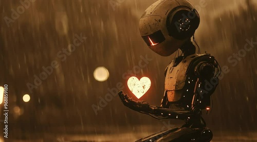 A futuristic robot, crouching slightly, cradles a flaming heart in its hands. The scene is cinematic and somber, set against a backdrop of rain, evoking a sense of sadness and gloom.