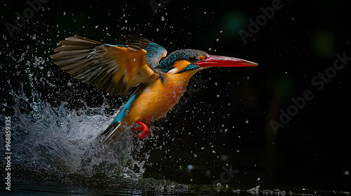 Stork-billed Kingfisher flying over water photo