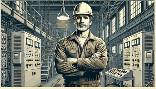 Confident and skilled construction site leader. Vector illustration.