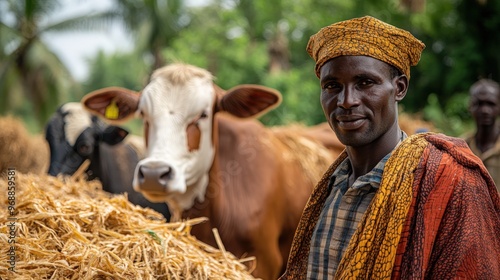 Farmers manage straw while caring for cows in a lush rural setting