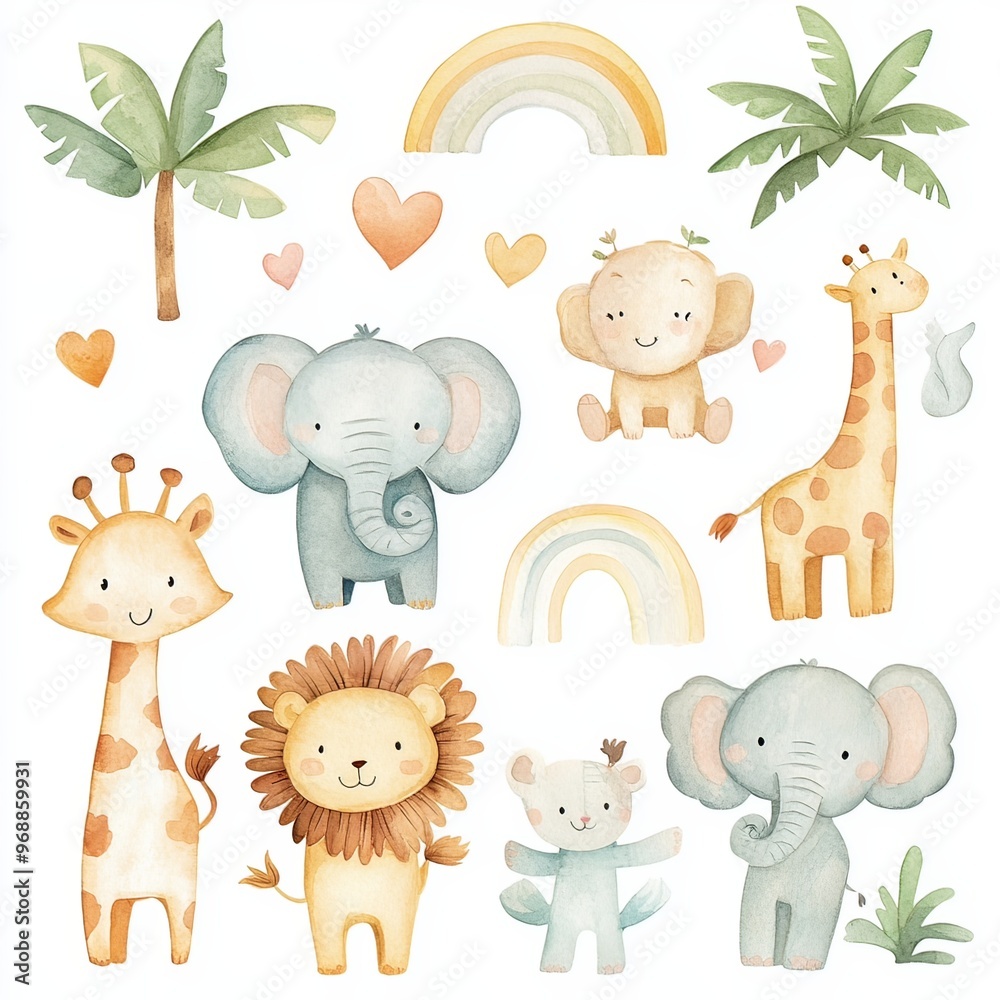 Naklejka premium Isolated on white background clip art whimsical watercolor baby safari animals like lions, elephants,
