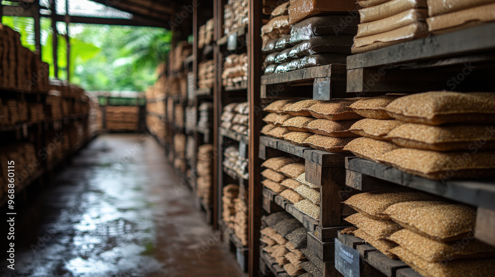 Sacks of varied animal feed are neatly arranged on shelves in a rustic, green storage area