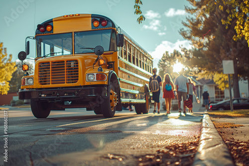 Obraz na płótnie Children are boarding a school bus at a bus stop in the suburbs, pupils from different backgrounds, university bound, preparing for higher education w salonie