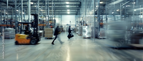 Workers move briskly through a spacious, modern warehouse filled with organized shelves and pallets, contributing to the dynamic efficiency of logistics.