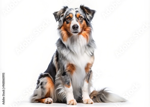 * Australian shepherd dog, blue merle, full-body portrait, sitting confidently, gazing directly into the lens, surrounded by crisp white space. photo