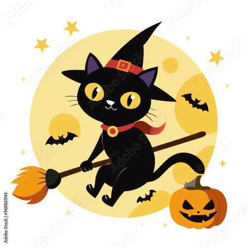 Black Cat Witch on Broom:  A whimsical black cat in a witch's hat flies on a broom against a backdrop of a full moon and stars, with bats flying around.  A jack-o-lantern pumpkin adds to the Halloween