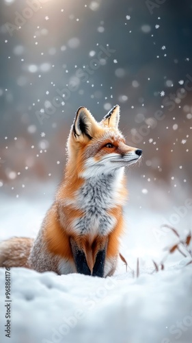 Serene scene of a fox navigating through a snowy landscape, with snowflakes gently settling on its fur and tranquil surroundings.