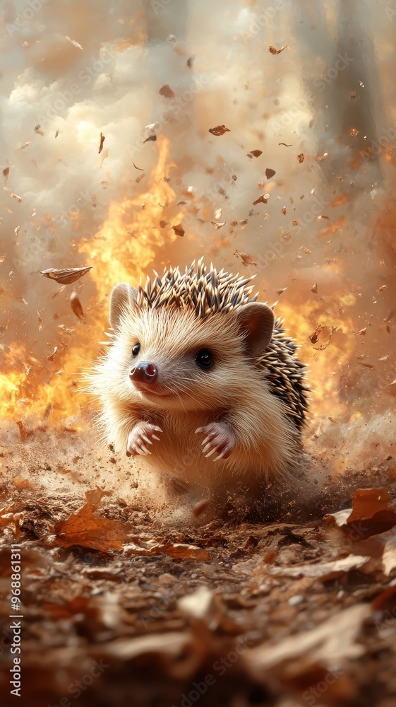 Naklejka premium Dramatic hedgehog navigating through a forest engulfed in flames, with its spiky form contrasting with the intense heat and smoke.