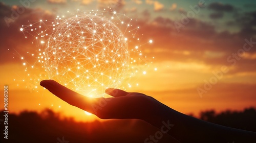 A person is gently holding a glowing sphere in their hand during sunset