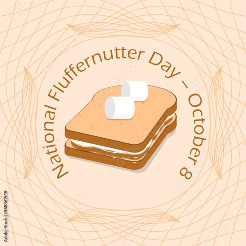 National Fluffernutter Day celebrate on October 8th event food banner. Sandwich bread with marshmallow filling and peanut butter on light cream background