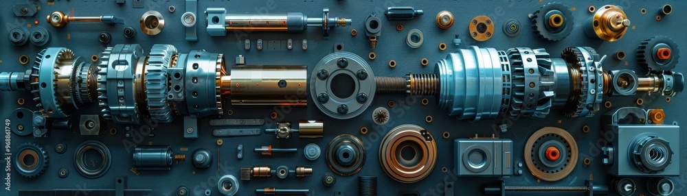 Obraz premium Detailed view of mechanical components and tools arranged for industrial or engineering purposes, emphasizing precision and craftsmanship.