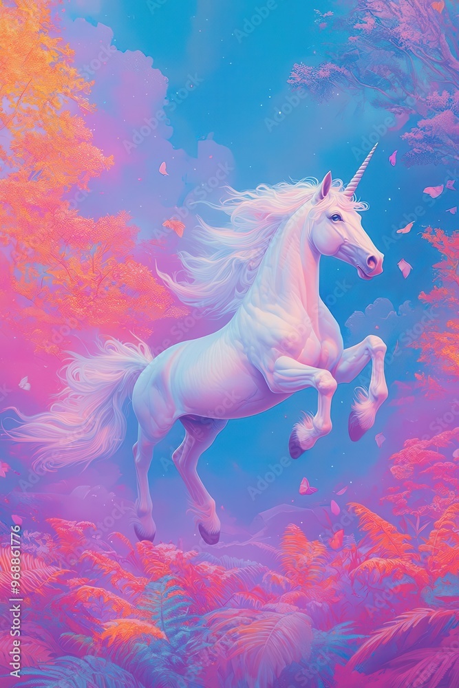 A low-angle view of a majestic unicorn gracefully trotting through a vibrant, surreal forest A low-angle view of a majestic unicorn gracefully trotting through a vibrant, surreal forest