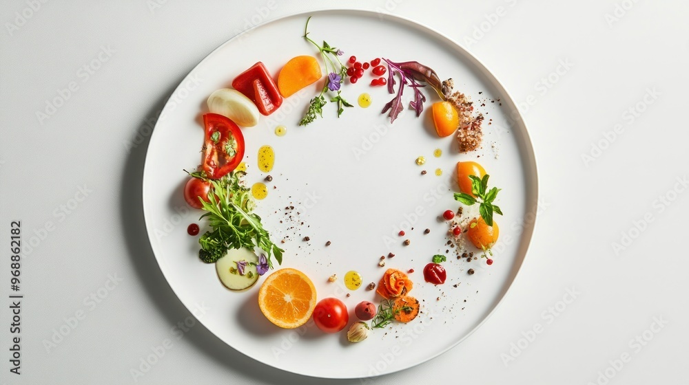 A Circular Arrangement of Sliced Vegetables, Herbs, and Spices on a White Plate A Circular Arrangement of Sliced Vegetables, Herbs, and Spices on a White Plate