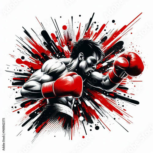 Powerful boxer in action with explosive dynamic art splashes

