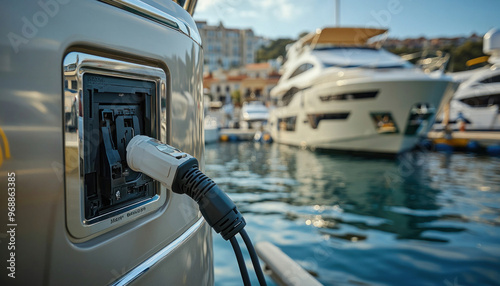 Electric yacht charging at harbor with luxury boats photo