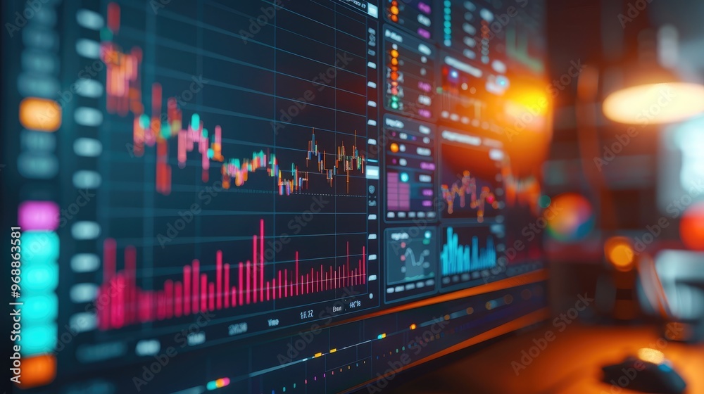 Fototapeta premium Performance analytics on a screen, such as a graph showing upward growth or metrics being tracked. represents the ongoing process. Generative AI.