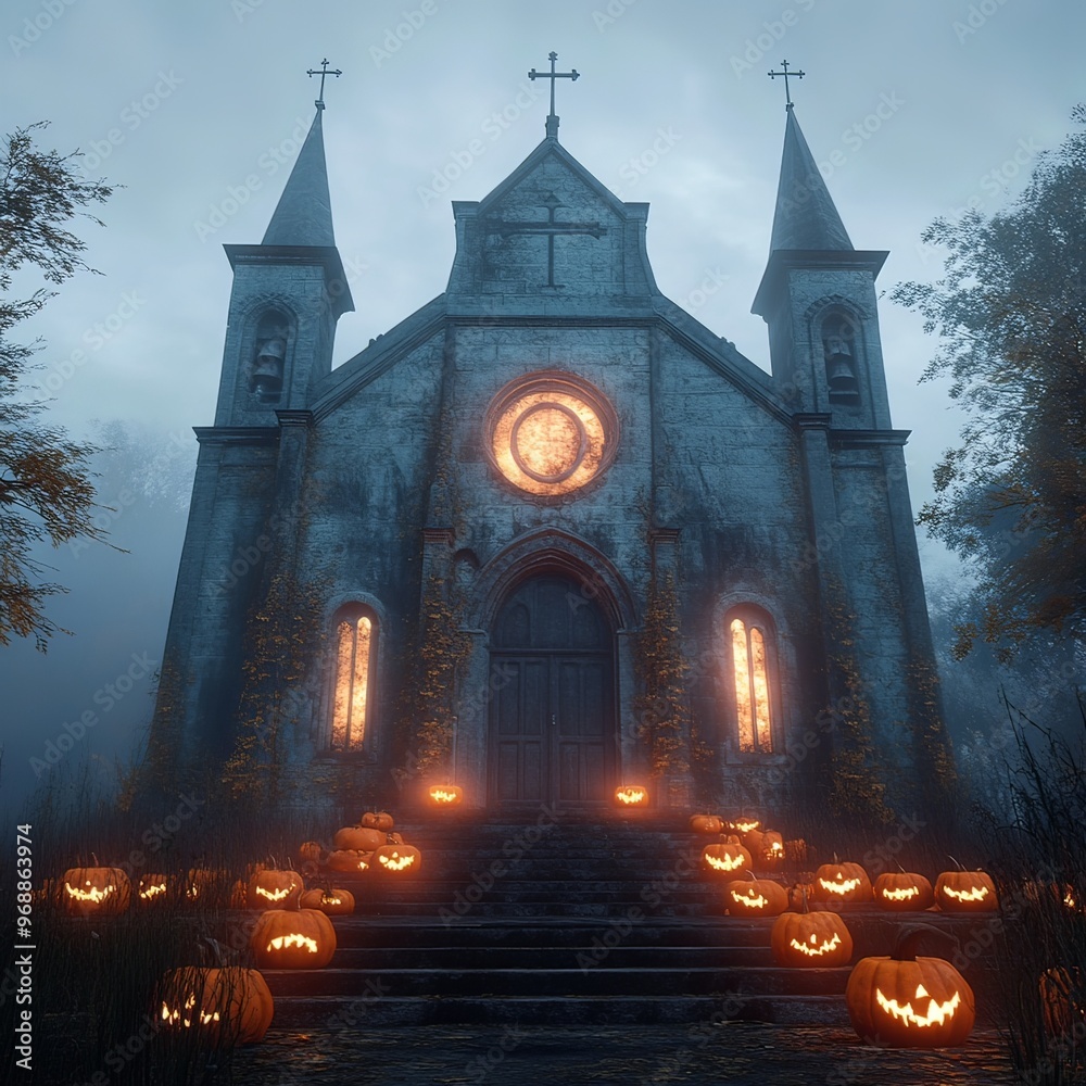 Spooky, abandoned church with glowing pumpkins lining the steps Spooky, abandoned church with glowing pumpkins lining the steps