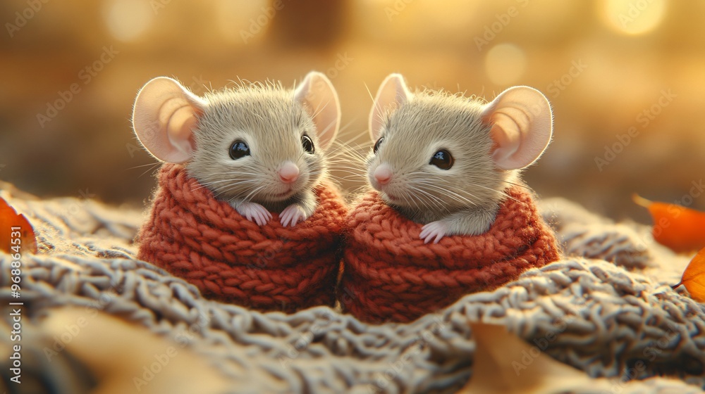 Cute baby mice wearing knitted scarves are playing on a blanket Cute baby mice wearing knitted scarves are playing on a blanket