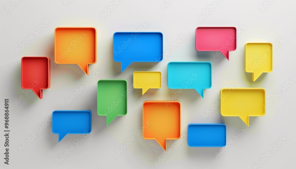 A collection of colorful speech bubbles on a neutral background, symbolizing communication, dialogue, and social media
