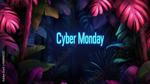 Cyber Monday background, enchanted forest with neon-lit trees and digital creatures, 3D illustration