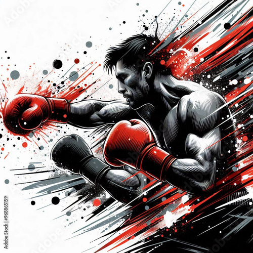 Powerful boxer in action with explosive dynamic art splashes

