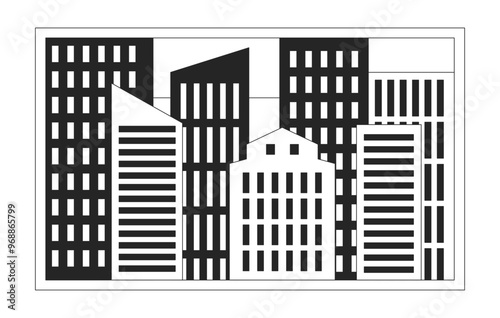 Evening cityscape window black and white 2D line object. Nighttime city frame isolated clip art vector outline item. Nightlife building exterior. Downtown night town. Monochromatic spot illustration