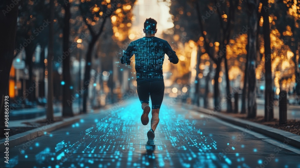AI-enhanced fitness tracking devices for real-time exercise optimization: A runner using a smart device that provides AI-generated feedback on performance. AI-enhanced fitness tracking devices for real-time exercise optimization: A runner using a smart device that provides AI-generated feedback on performance.