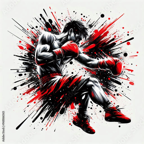 Powerful boxer in action with explosive dynamic art splashes

