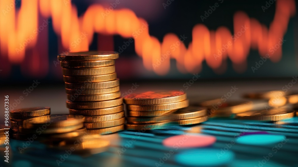 Stacked Gold Coins Against a Blurry Background of Red and Blue Stock Market Charts Stacked Gold Coins Against a Blurry Background of Red and Blue Stock Market Charts