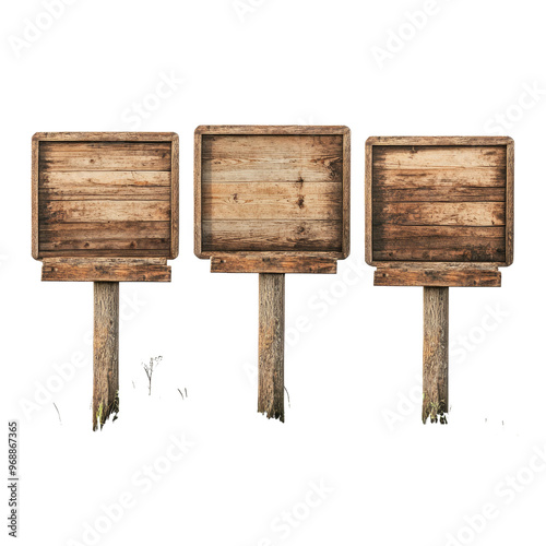 empty wooden billboards on the grass isolated on transparent background.