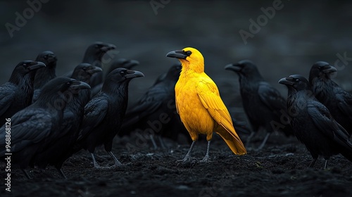 A striking yellow crow standing confidently among a group of black crows, symbolizing individuality and uniqueness,
