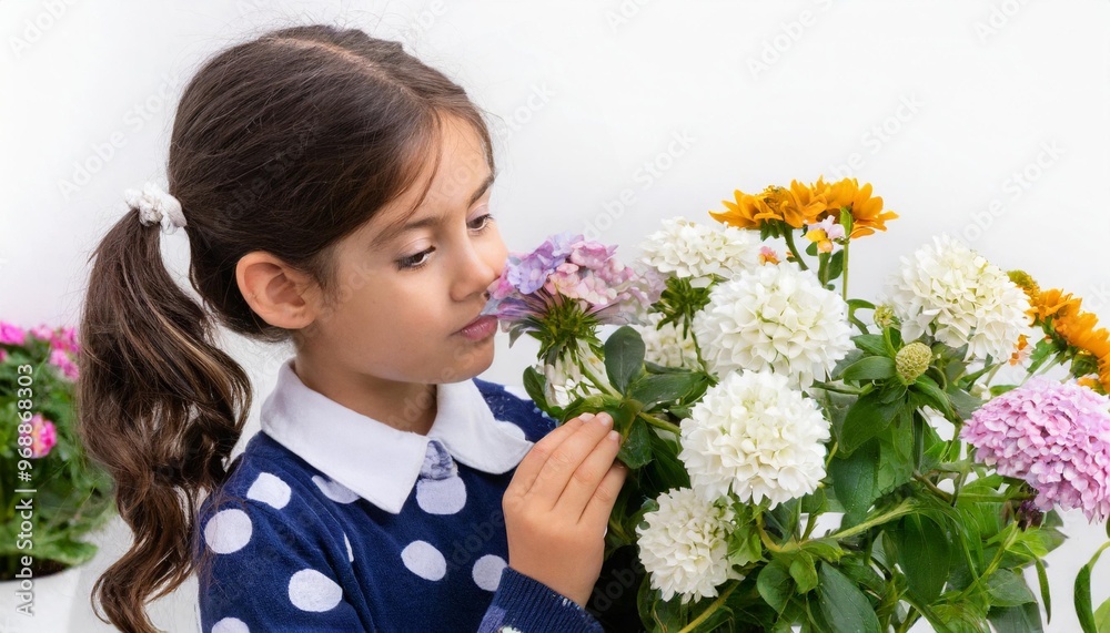 Little Girl Smelling Flowers in a Garden Isolated on White Background Little Girl Smelling Flowers in a Garden Isolated on White Background