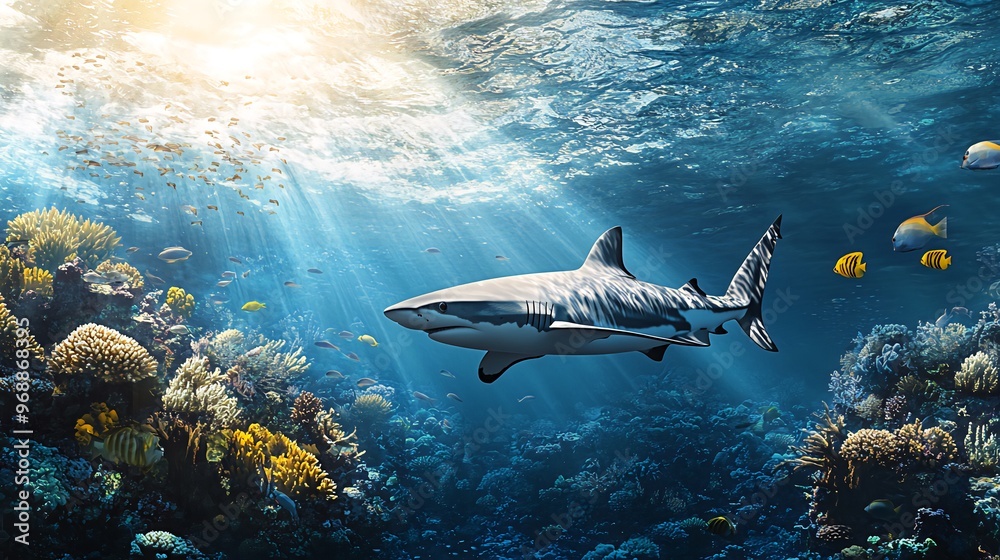 A grey reef shark swims over a vibrant coral reef with sunbeams breaking through the water. A grey reef shark swims over a vibrant coral reef with sunbeams breaking through the water.