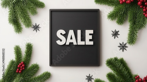 Black Friday sale poster with Christmas decorations, snowflakes, 3D illustration