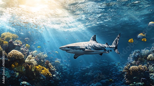 Wallpaper Mural A grey reef shark swims over a vibrant coral reef with sunbeams breaking through the water. Torontodigital.ca