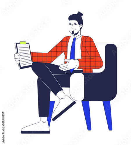 Caucasian man tv host sitting armchair relaxed 2D cartoon character. Television presenter bearded european guy isolated person flat vector on white background. Spot illustration colorful