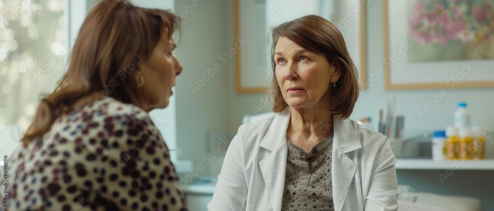 Two mature women in a medical office engage in a serious conversation, suggesting a meaningful and critical discussion about health. Two mature women in a medical office engage in a serious conversation, suggesting a meaningful and critical discussion about health.