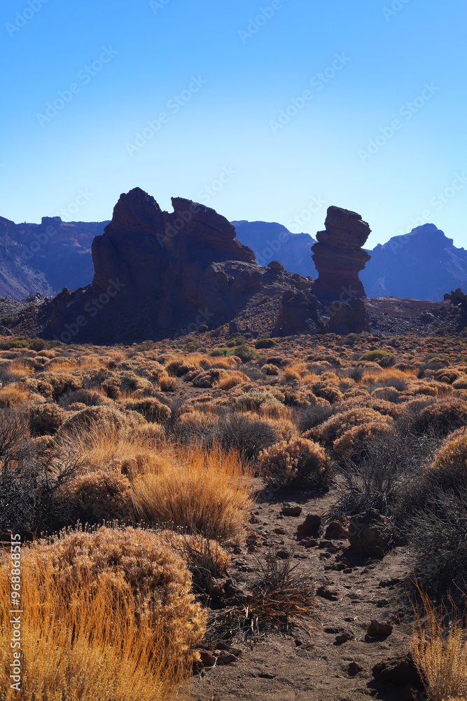 Panorama of caldera in Teide National Park, Tenerife, Canary Islands, Spain. Roques de Garcia in the foreground.