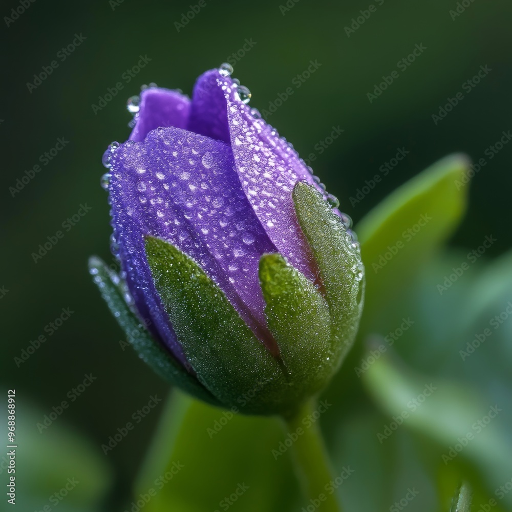 A close-up of a dew-covered purple flower bud surrounded by green leaves. A close-up of a dew-covered purple flower bud surrounded by green leaves.