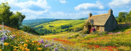A serene countryside scene showcasing a charming cottage surrounded by vibrant wildflowers and rolling green hills under a blue sky.