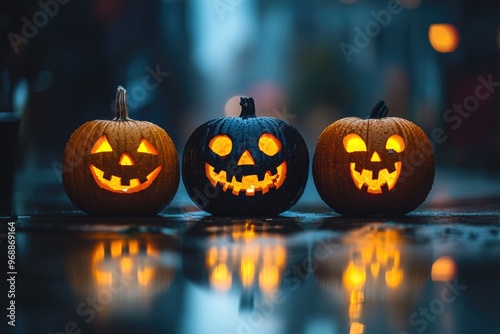 Three carved pumpkins for Halloween on night street blur background. Funny Halloween party concept.