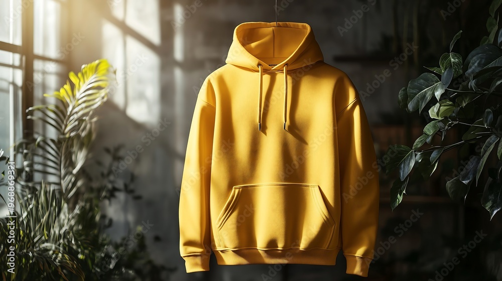 Fototapeta premium A modern yellow men's hoodie mockup with a blank front area for custom graphics