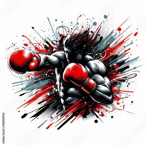 Powerful boxer in action with explosive dynamic art splashes

