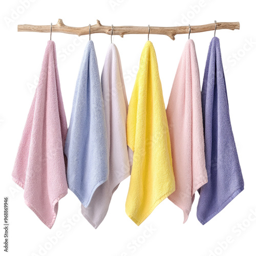 stylish hanging bath towels in different colours isolated on transparent background.