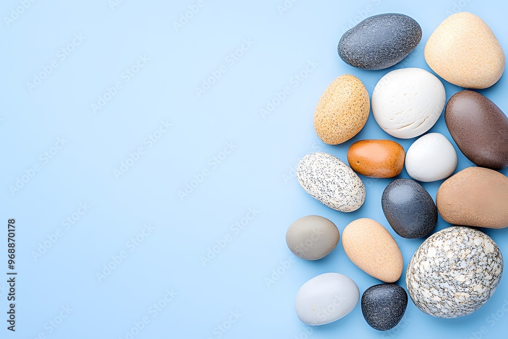 A collection of assorted river stones arranged on a soft blue background, perfect for nature-themed projects or decor. A collection of assorted river stones arranged on a soft blue background, perfect for nature-themed projects or decor.