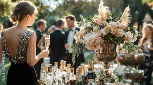 A 1920s Great Gatsby-style garden party – Guests enjoying an extravagant outdoor party at a luxurious estate, sipping champagne, dressed in formal clothing, with large art deco decorations and lavish 