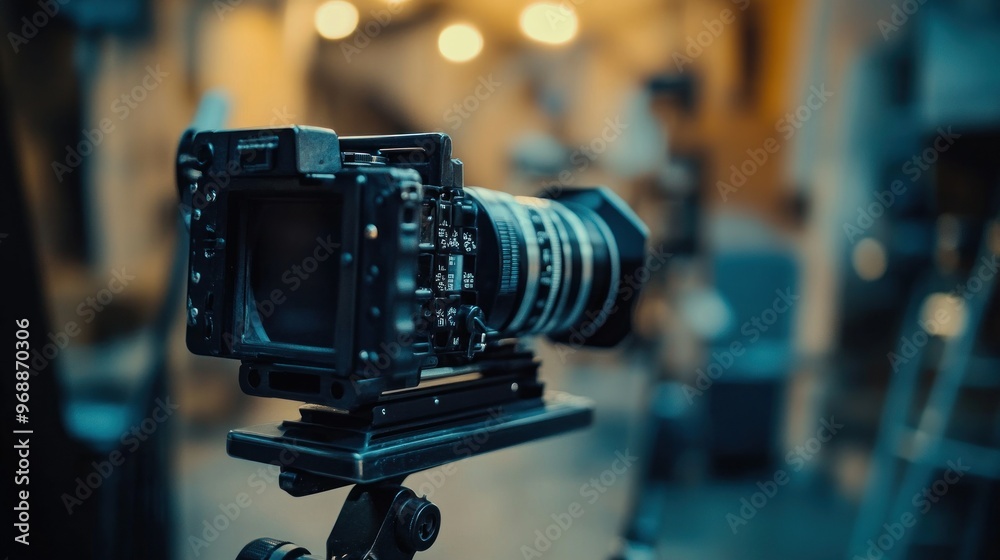 Professional Film Camera on Tripod with Lens in Focus Professional Film Camera on Tripod with Lens in Focus