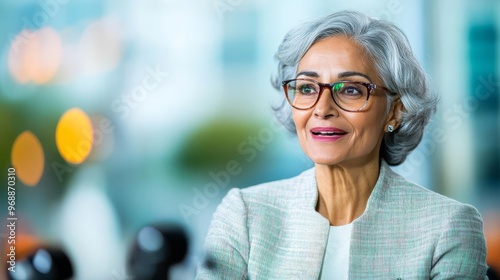 Elderly woman on a live TV interview, discussing corporate vision