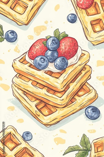 Stack of waffles topped with whipped cream, strawberries, and blueberries.